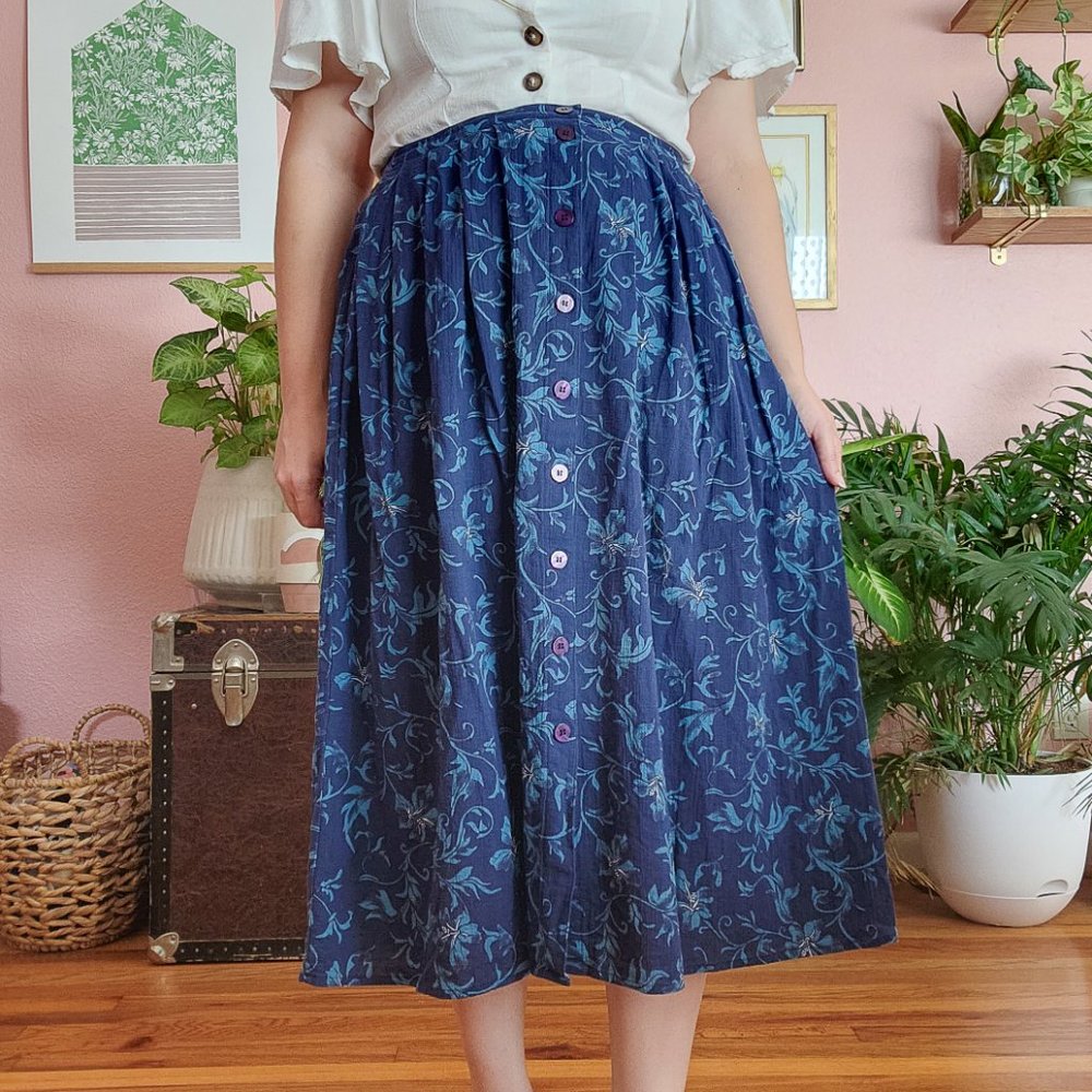 Lizsport Vintage Blue Tropical Floral Print Button Down Midi Skirt Size PM